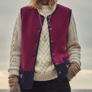 Orly Burgundy and Navy Wool Vest Size L Fisherman Coastal Granma
